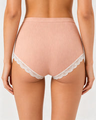 High Waisted Pure Cotton Ribbed Lace-trim Panties