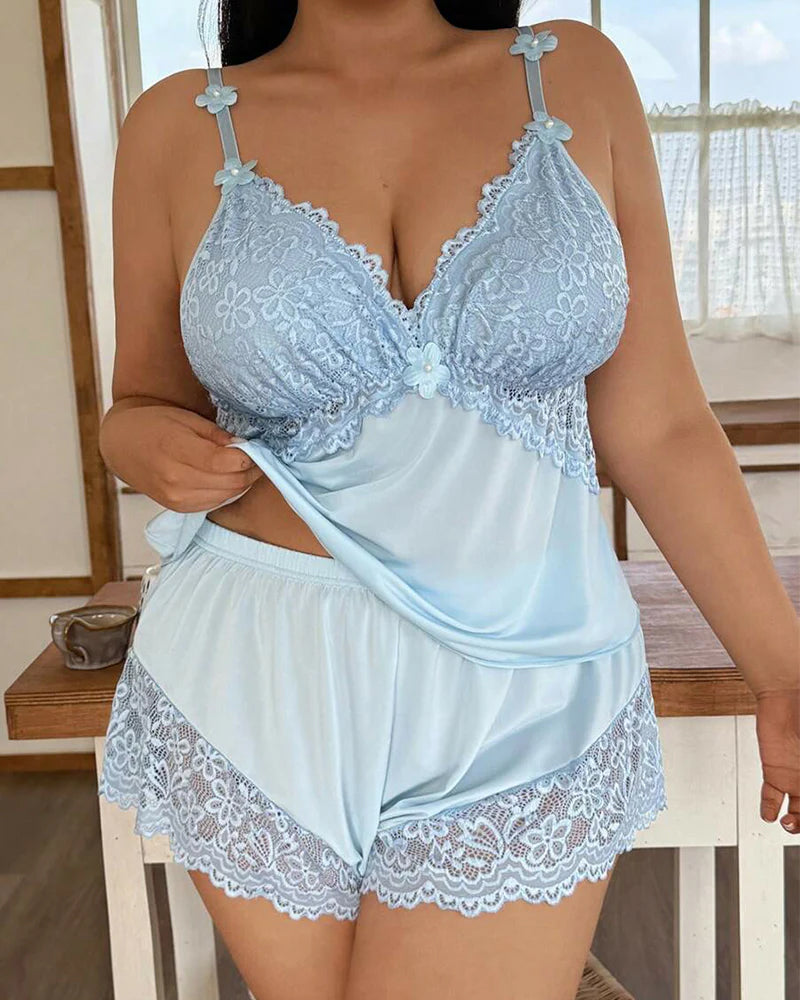 Plus Size Lace Satin V-Neck Camisole and Shorts Pajama Set