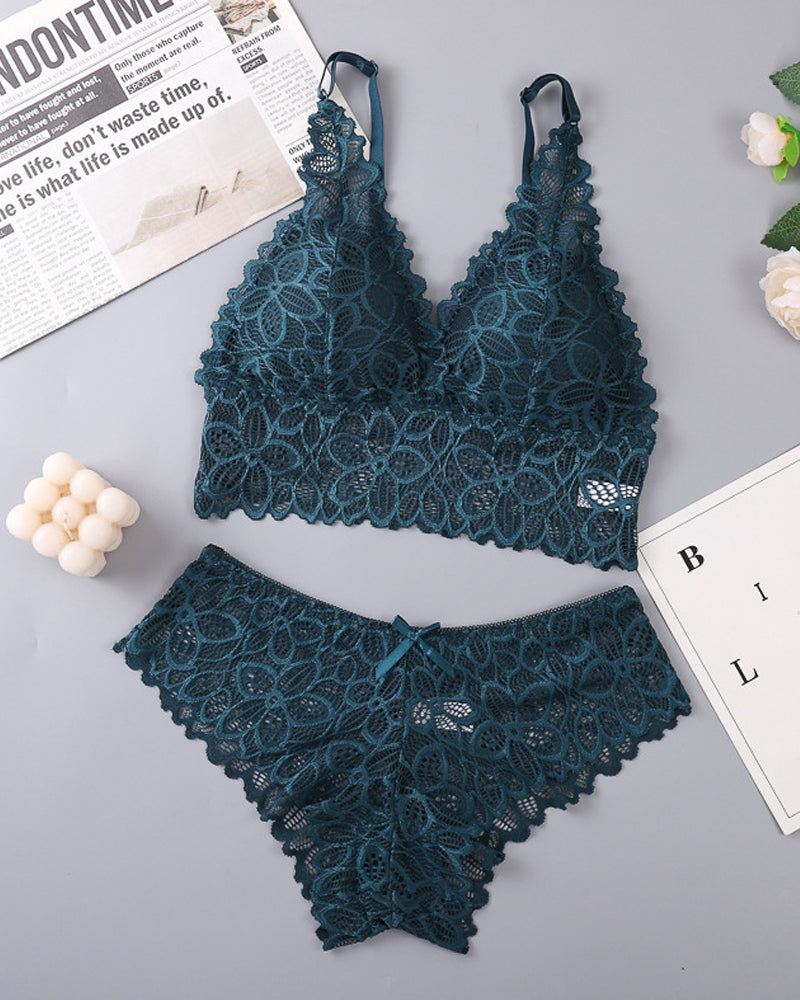 Deep V Lace Wire-Free Push-Up Bra and Panty Set