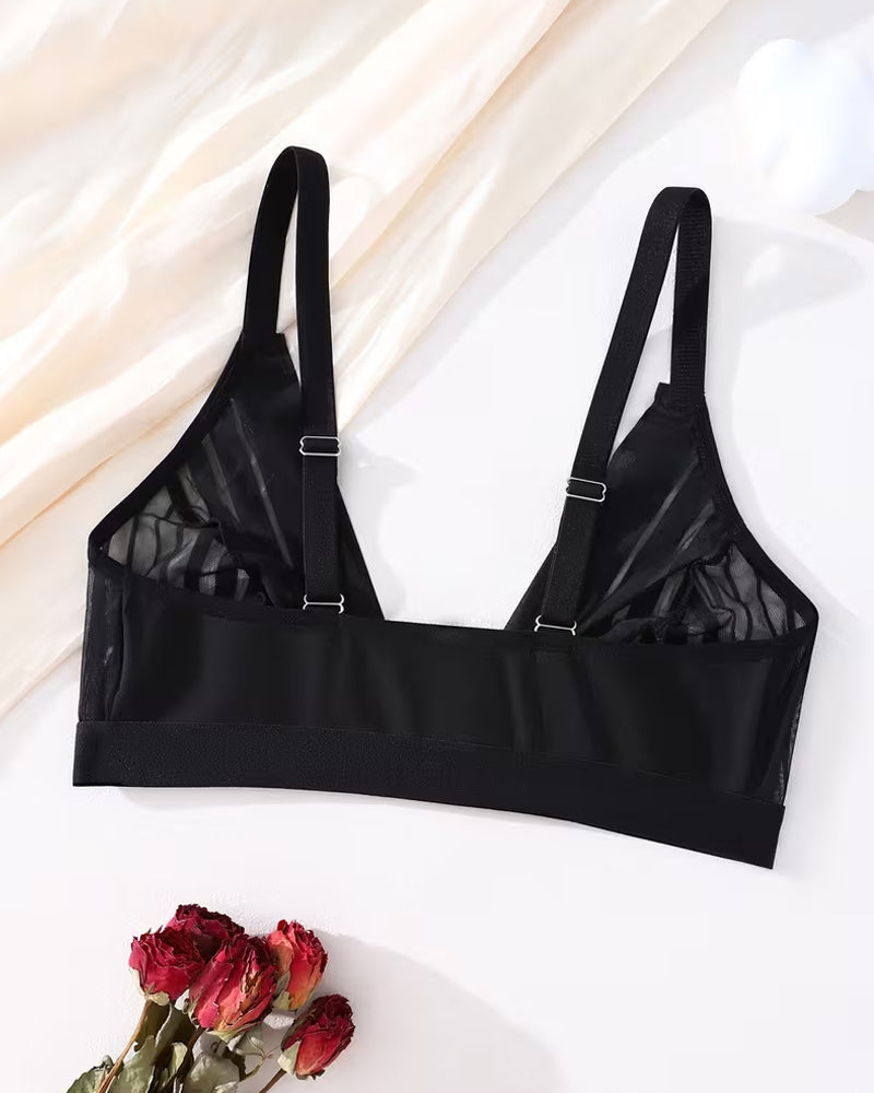 Deep V-neck Striped Mesh Paneling Front-closure Bra