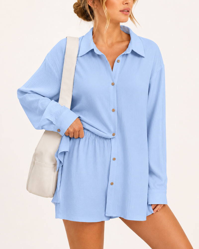 Casual Loose Long Sleeve Shirt and Shorts Set