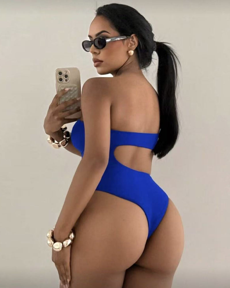 Off-shoulder Cutout Backless Solid Color One-piece Swimsuit