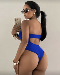 Off-shoulder Cutout Backless Solid Color One-piece Swimsuit