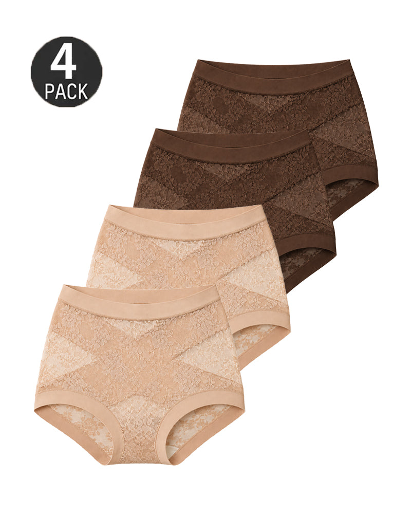 4-Pack High Waist Front Crossover Floral Lace Breathable Panties