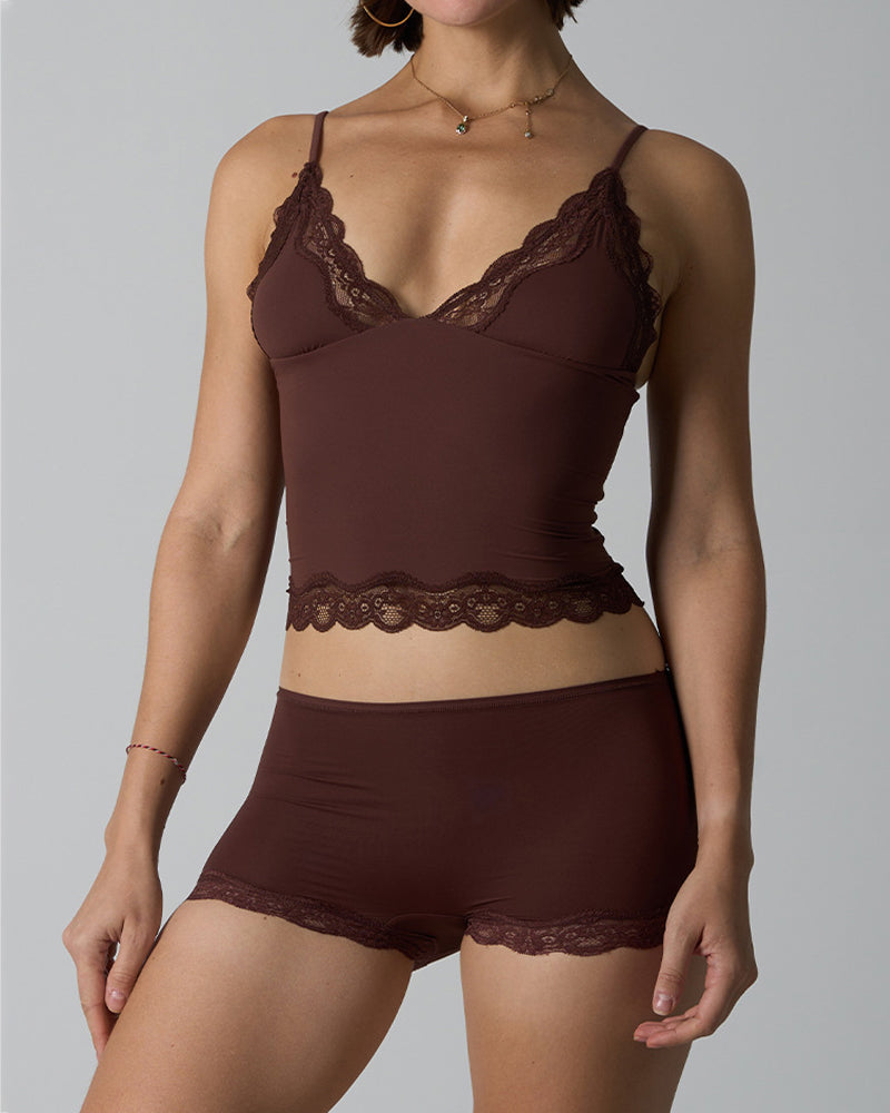 Skin-friendly Lace Trim V-neck Camisole and Boyshorts Underwear Set