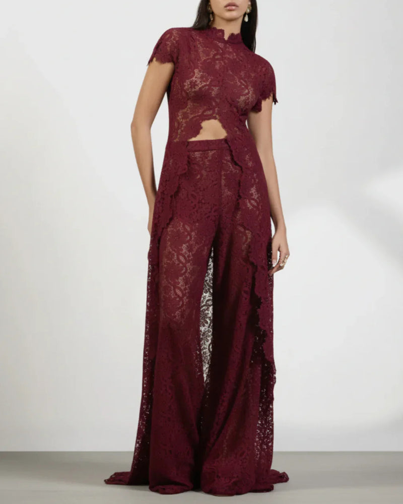 Lace Openwork Front Slit Long Top and Wide-leg Pants Set