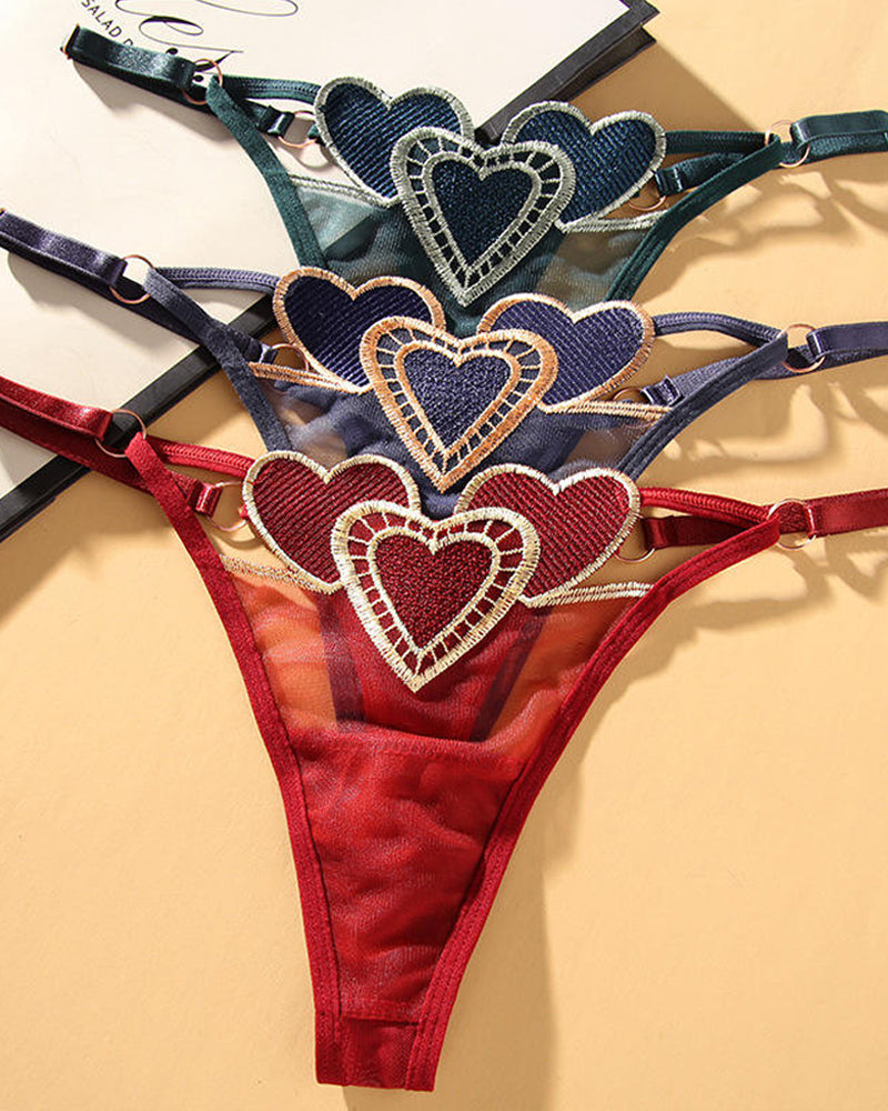Heart Embroidered Sheer Mesh Thong