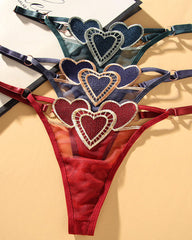 Heart Embroidered Sheer Mesh Thong