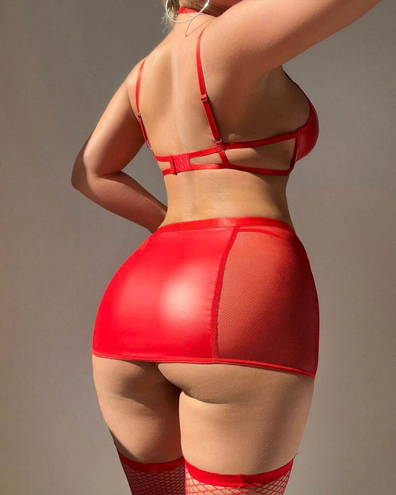 See-through Mesh Lleather Spliced Strappy Two-piece Lingerie Set