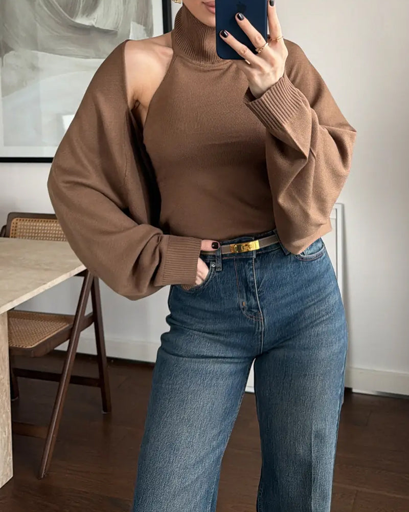 High-neck Backless Buckle Closure Knitted Vest and Long-Sleeved Cardigan Two-piece Set
