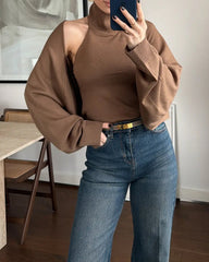 High-neck Backless Buckle Closure Knitted Vest and Long-Sleeved Cardigan Two-piece Set