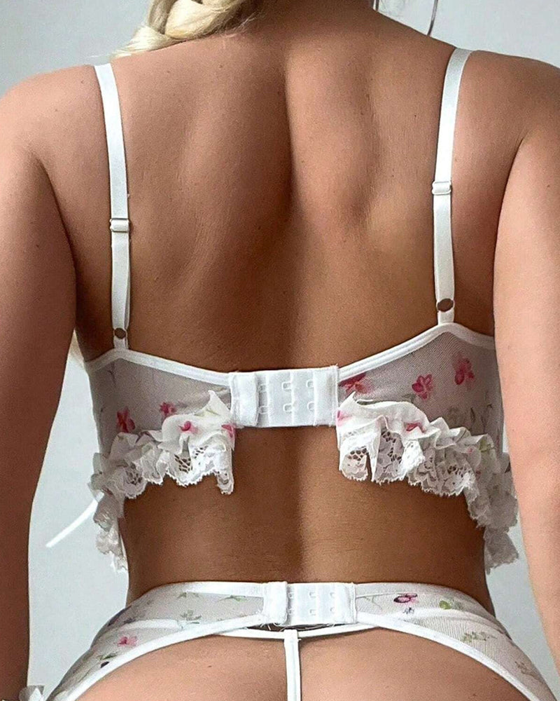 Floral Print Lace See-through Mesh Lingerie Set with Stockings