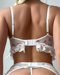 Floral Print Lace See-through Mesh Lingerie Set with Stockings