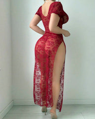 Floral Lace See-through Mesh High Slit Short-sleeved Long Lingerie Nightgown
