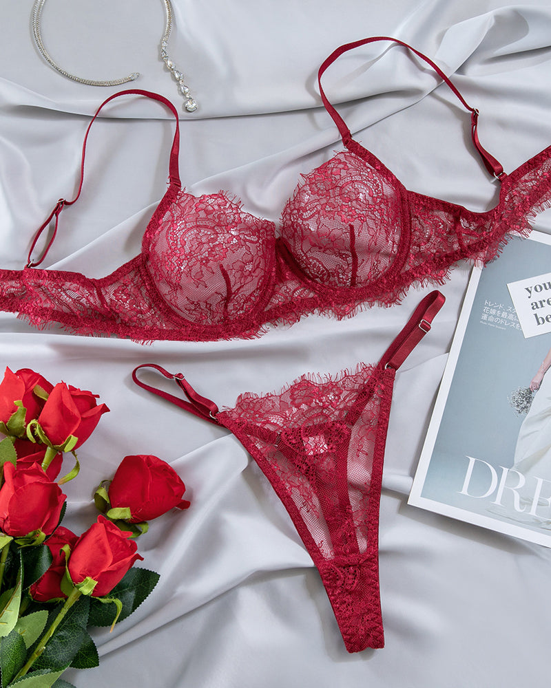Lace Sheer Bra and Thong Lingerie Set