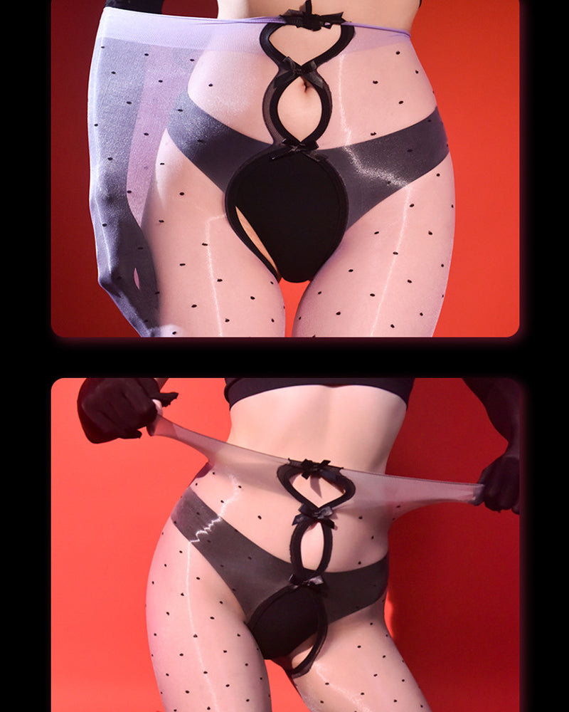 5D Aurora Polka Dot Bow Decoration Hollow-out See-through Skin-friendly Open Crotch Pantyhose