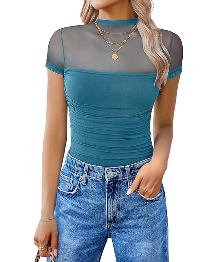 Women's High-Neck Sheer Mesh Panel Seamless Short Sleeve Bodysuit