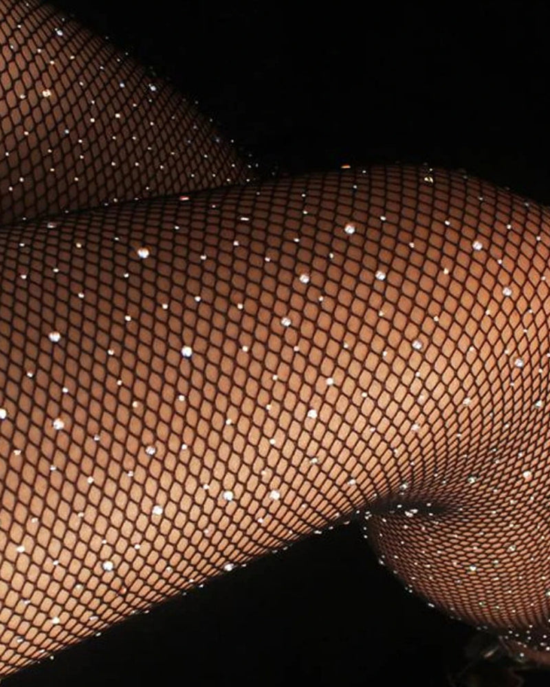 Rhinestone-embellished Open-crotch Sheer Mesh Pantyhose Tights