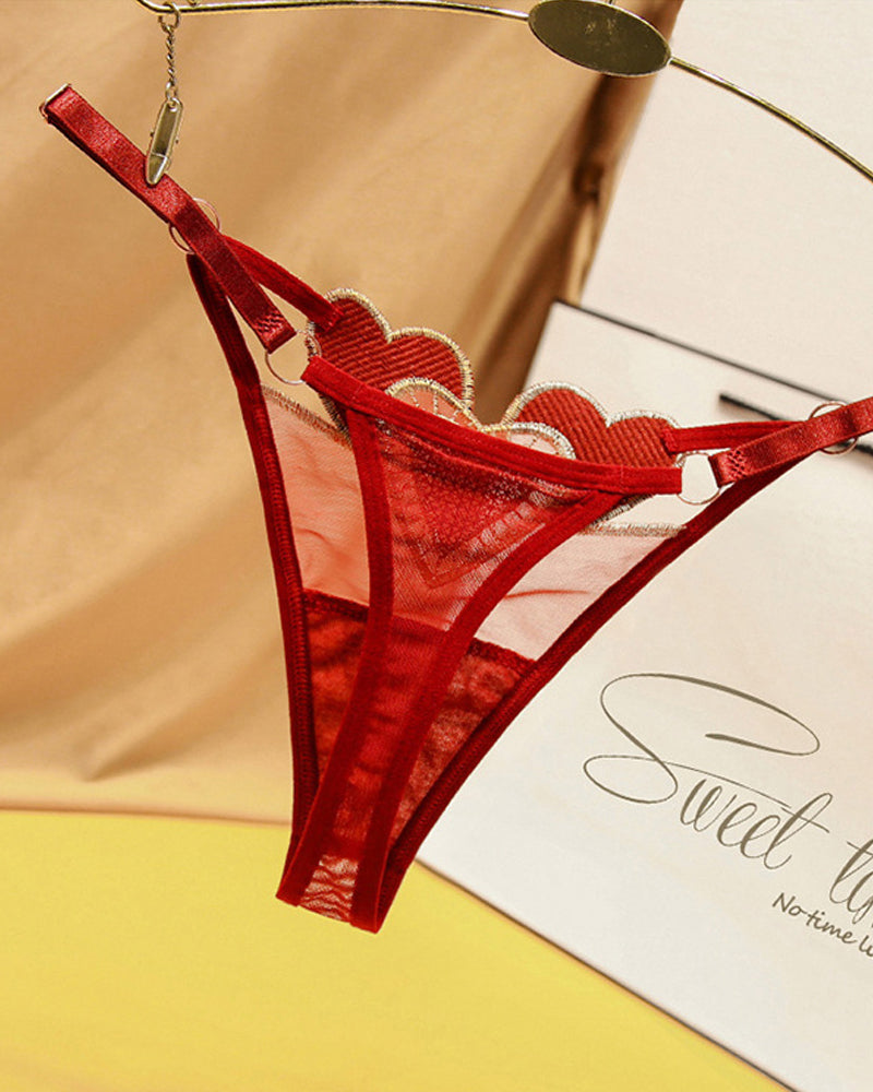 Heart Embroidered Sheer Mesh Thong