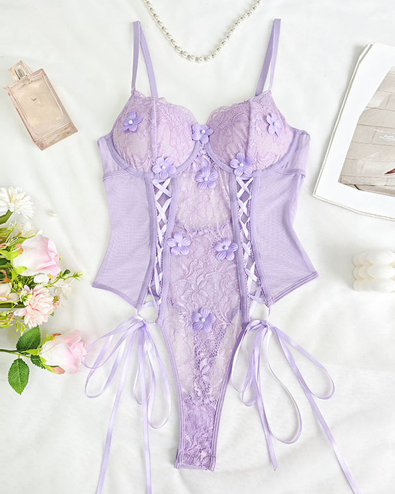 Floral Lace Sheer Cutout Strappy Bodysuit Lingerie