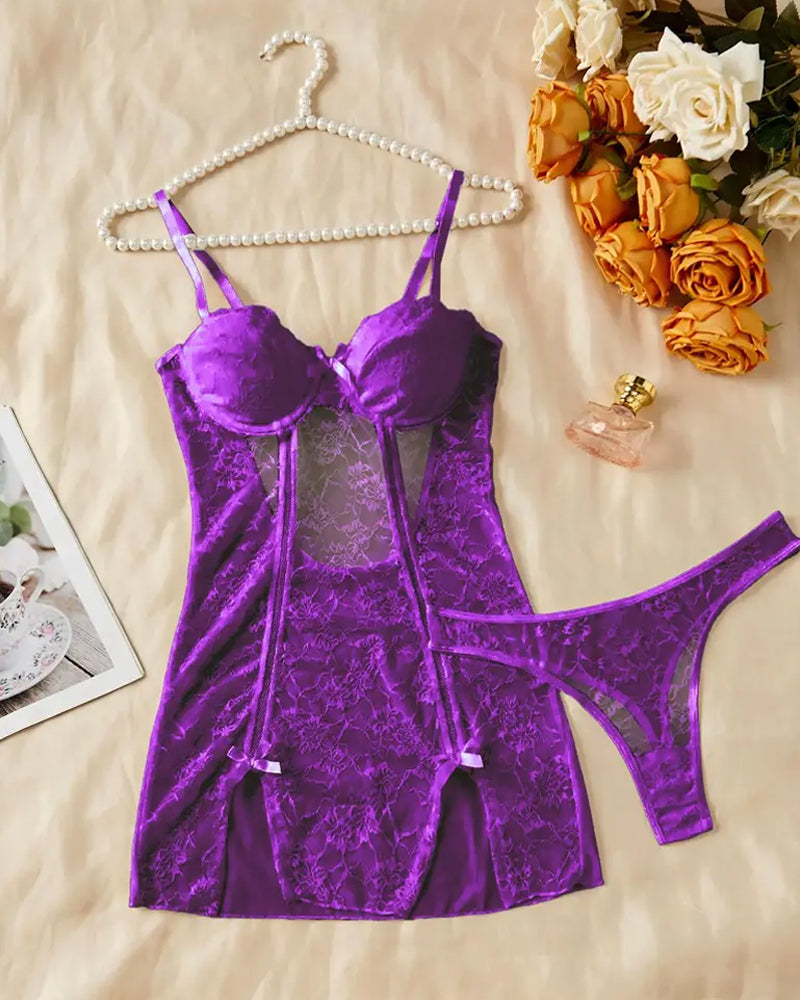 Women's Floral Lace See-through Slip Dress and Thong Set
