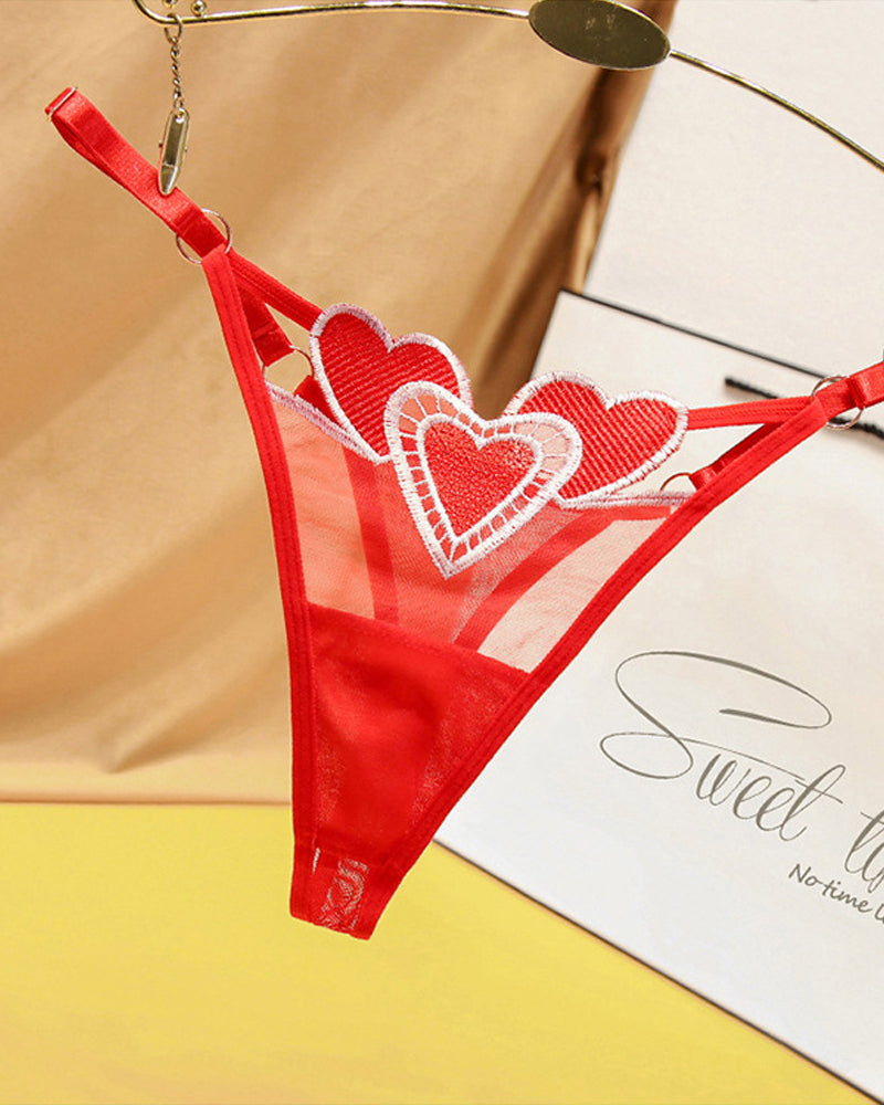 Heart Embroidered Sheer Mesh Thong