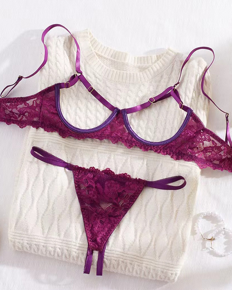 Lace Floral Openwork Bra and Thong Lingerie Set