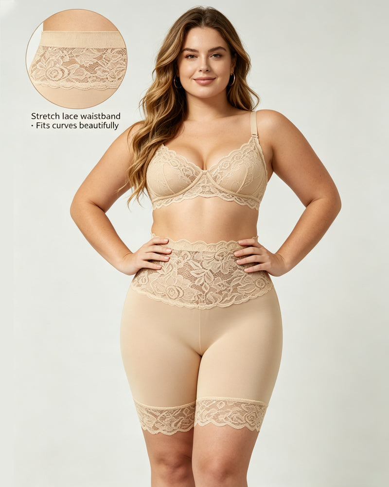 Women's High-Waisted Seamless Tummy Control Lace-Trimmed Elastic Shaping Shorts