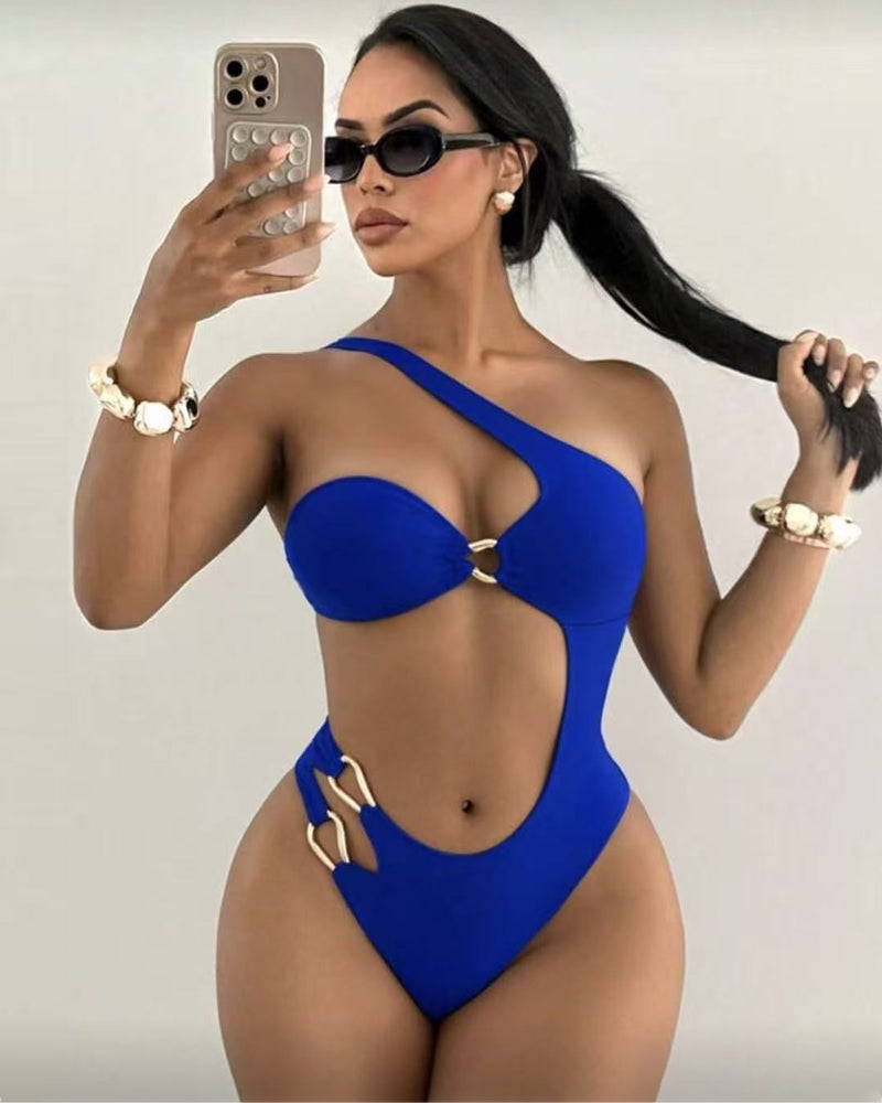 Off-shoulder Cutout Backless Solid Color One-piece Swimsuit