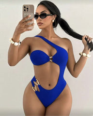 Off-shoulder Cutout Backless Solid Color One-piece Swimsuit