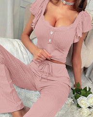 Casual Solid Color Ruffled Short-sleeved and Long Pants Loungewear Set