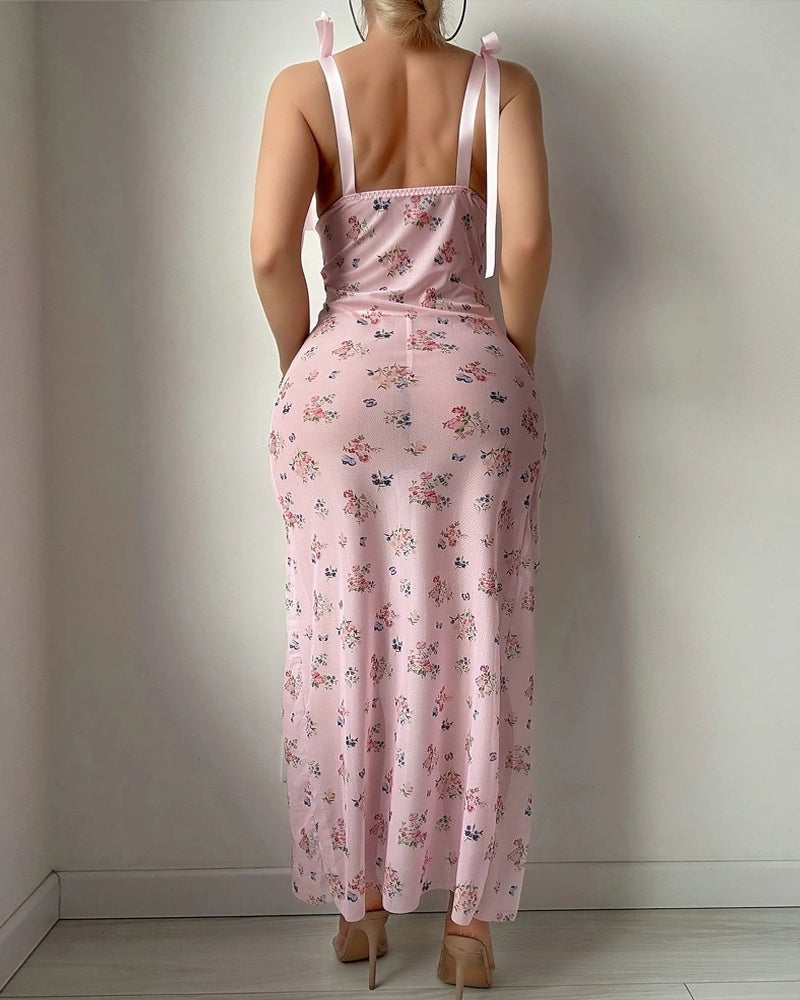 Deep V Floral Print See-through Mesh High Slit Camisole Long Nightgown and Thong Set
