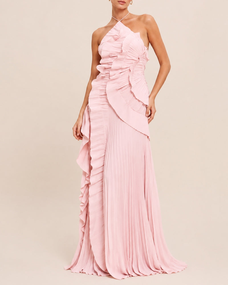 Halter Neck Backless Ruffled Maxi Dress