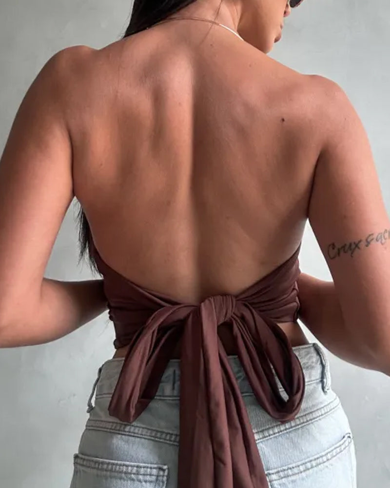 Metallic Choker Halter Waist Tie Detail Top