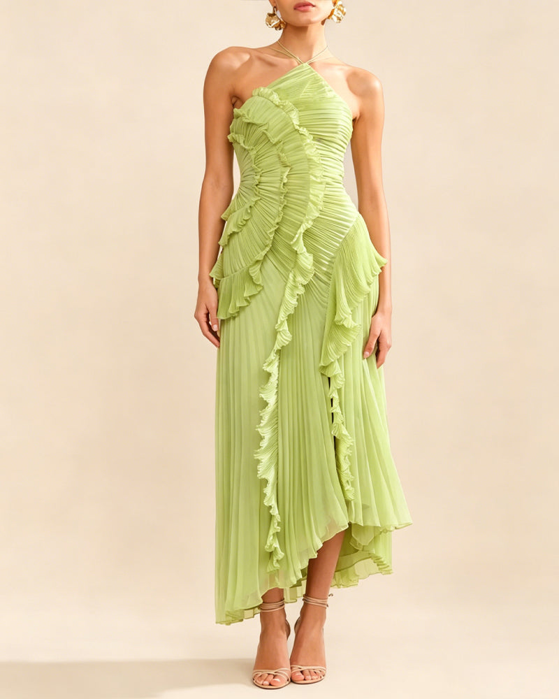 Halter Neck Backless Ruffled Maxi Dress