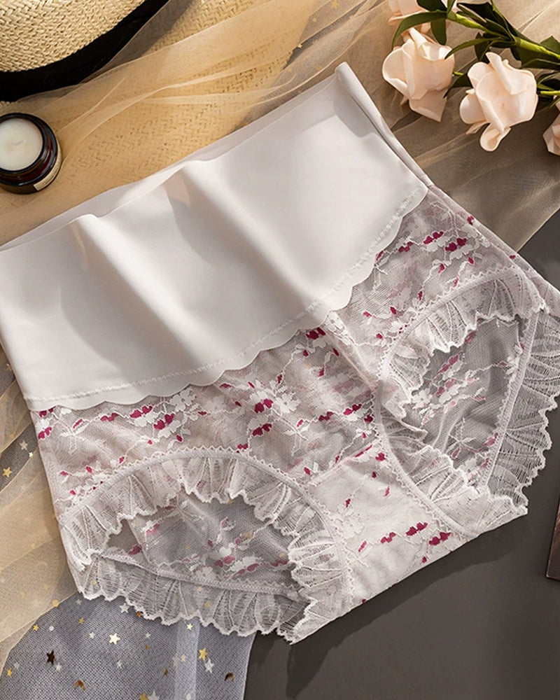 Women's Flower Embroidered Lace High-waisted Tummy-control Breathable Seamless Briefs