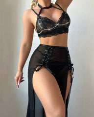 Halter Neck Lace See-through Mesh Leather Patchwork Slit Long Skirt Lingerie Set
