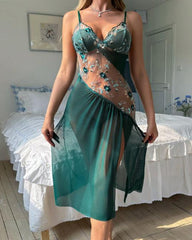 Irregular Floral Embroidery Openwork V-neck Camisole Slit Long Nightgown