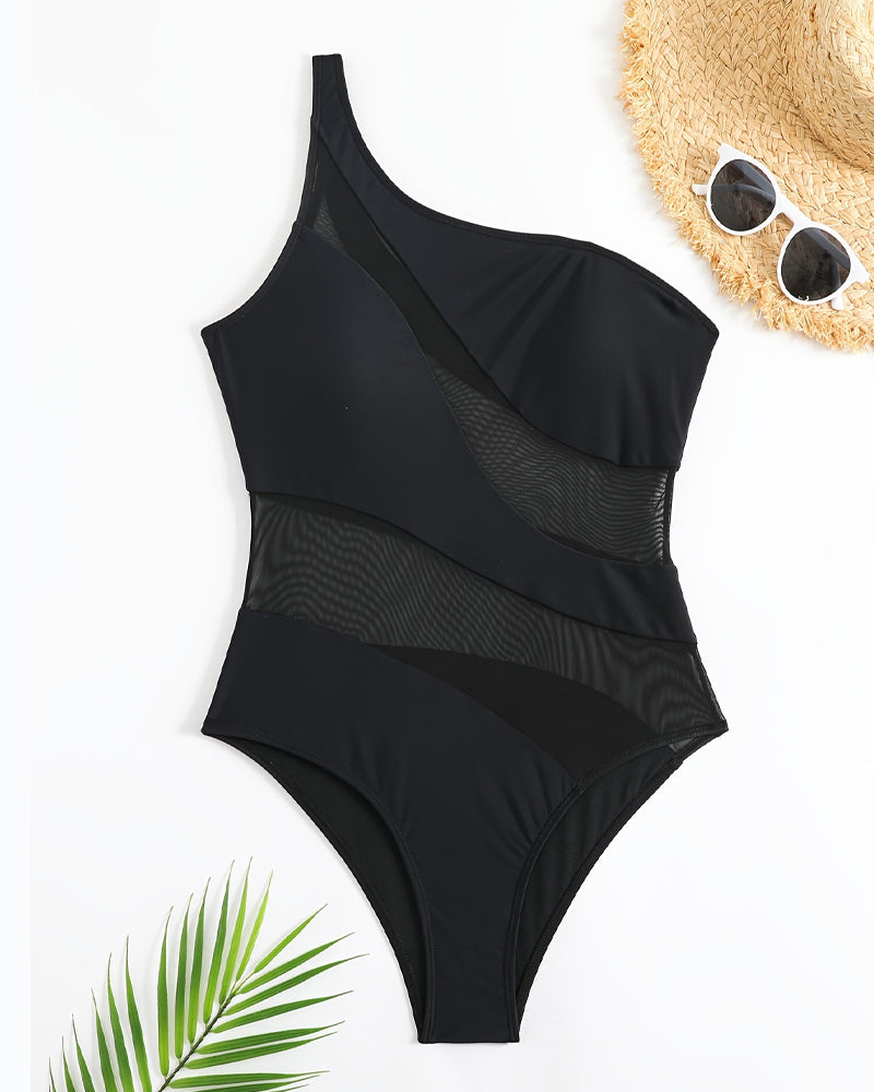 One-shoulder See-through Mesh One-piece Swimsuit