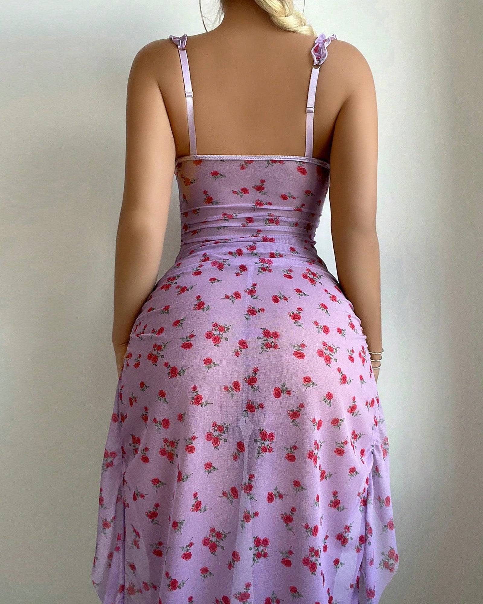 Ruffled Underwire Floral Print High Slit Long Nightgown