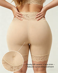 Women's High-Waisted Seamless Tummy Control Lace-Trimmed Elastic Shaping Shorts