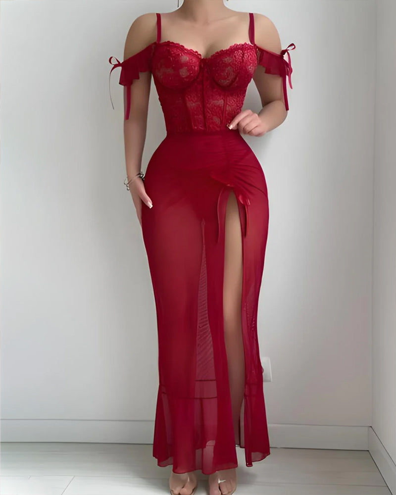 Off-the-shoulder Lace-trimmed High-slit See-through Mesh Long Lingerie Nightgown