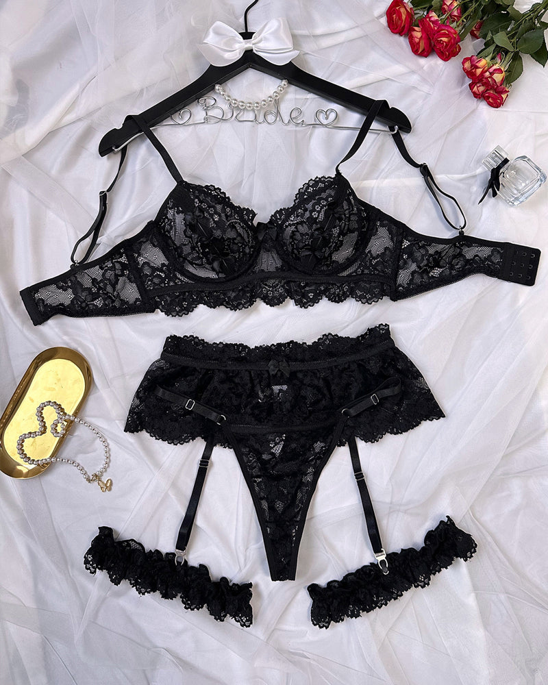 Floral Lace Mesh Underwire Bra Lingerie and Detachable Lace Thigh Garter Belt Set