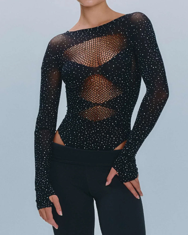 Rhinestone Stretch Fishnet Round Neck Long Sleeve Bodysuit