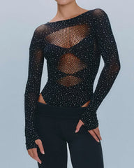 Rhinestone Stretch Fishnet Round Neck Long Sleeve Bodysuit