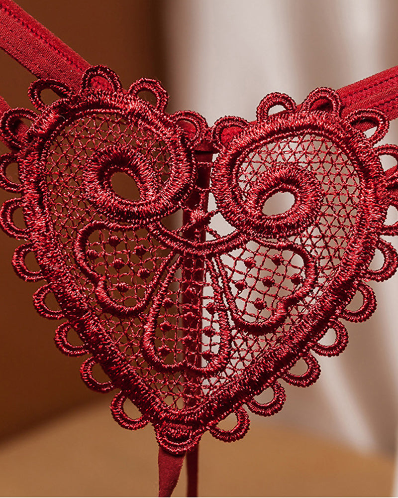 Heart-Shaped Lace Flower Pearl Embellished Thong