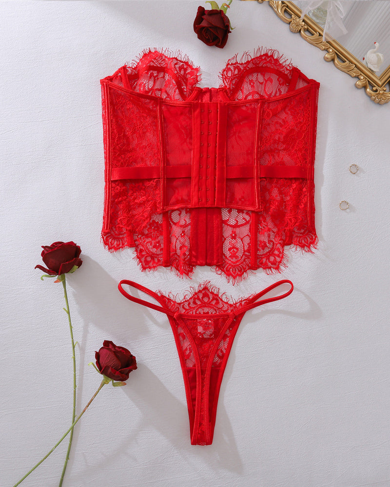 Embroidered Floral See-Through Hollow Strap Body Shaping Underwear Two-Piece Set with Stockings