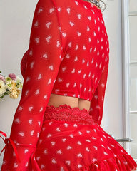 Heart-print Front-clasp Bra Long-sleeved Top and Skirt Lingerie Set