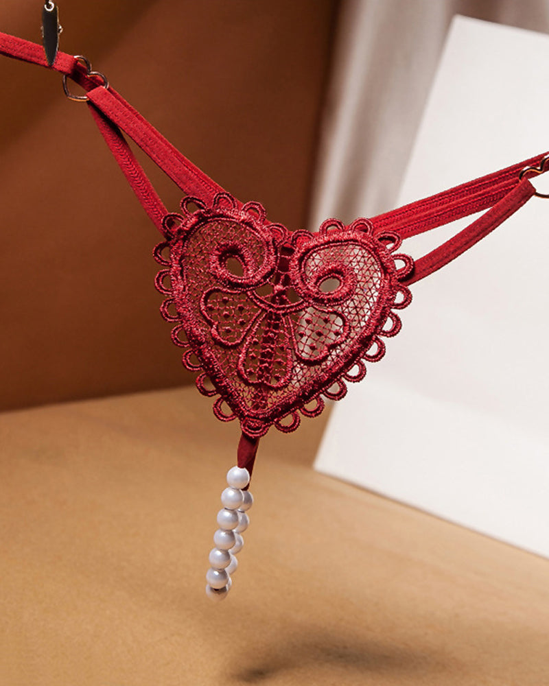 Heart-Shaped Lace Flower Pearl Embellished Thong