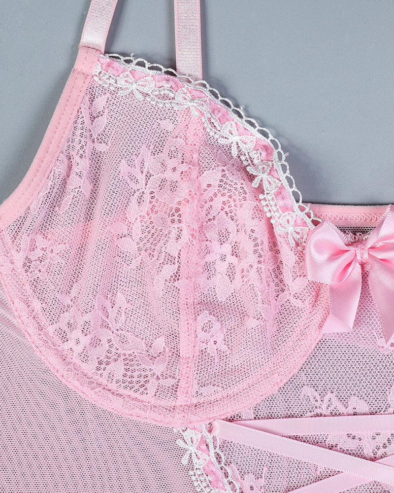 Lace Mesh See-Through Straps Cross Bow Mesh Ruffled Nightdress